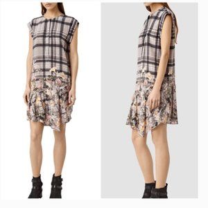 AllSaints Roka Kinori Silk Plaid Floral Short Sleeve Dress Size 10